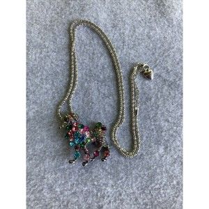 Betsey Johnson Crystal Poodle Necklace/Brooch Rainbow Poodle Silver Toned 28”